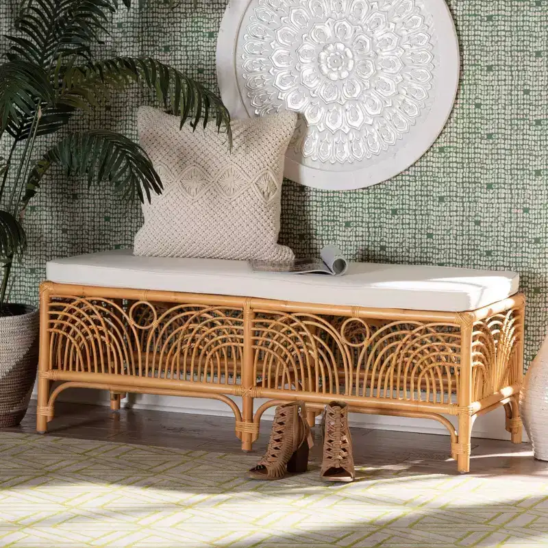 bali & pari Materra Rattan Bench White/Light Honey: Upholstered Polyester, No Assembly, Spot Clean