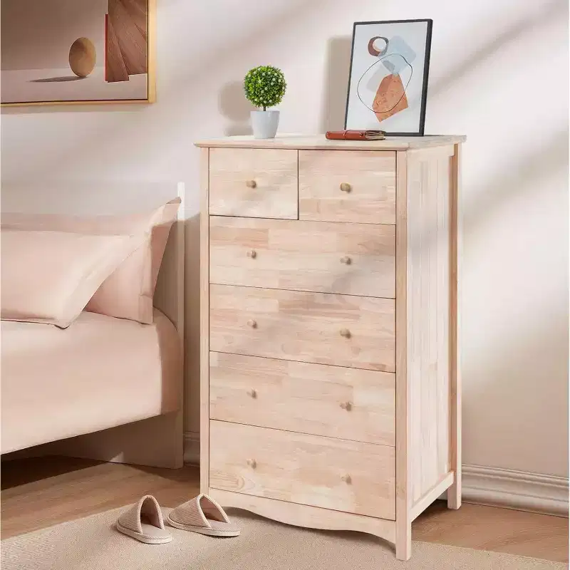 VINGLI Unfinished Natural Solid Wood 6 Drawer Dresser for Bedroom, Farmhouse Dressers & Chests of Drawers Color DIY Rubber Wood Tall Dresser