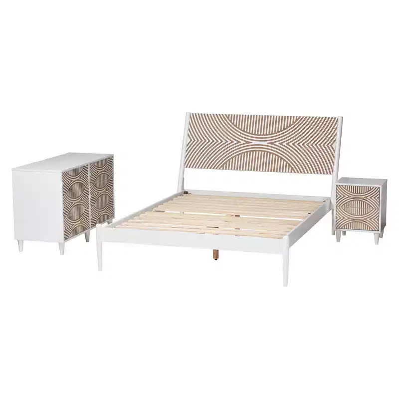 Baxton Studio Queen 3pc Louetta Carved Contrasting Bedroom Set White/Natural Brown