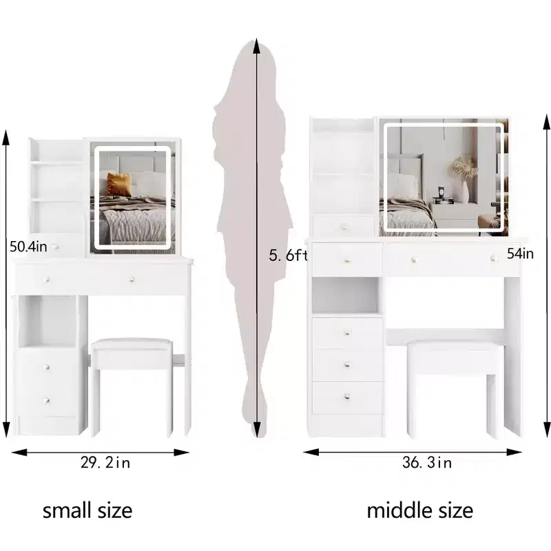 Vanity Table with Drawers, LED Mirror and Cushioned Stool - White