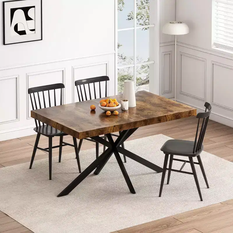 70IN Retro Rectangular Extendable Dining Table, Folding Table with Black Cross Iron Base, Dinner Table for Dining Room