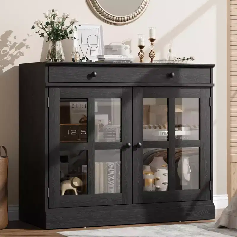 Kitchen Storage Cabinet, 2 Glass Door Buffet Side Storage Drawers with Adjustable Shelves for Dining Room, Kitchen, Entryway