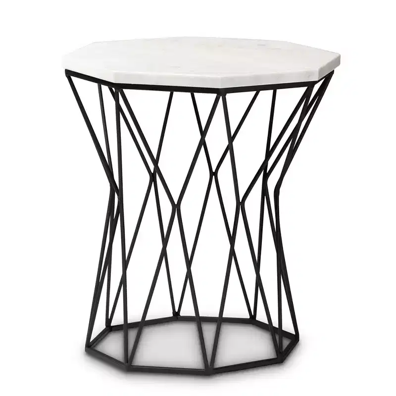 Metal End Table with Marble Tabletop, Black, Rectangle Side Table, No Assembly Required