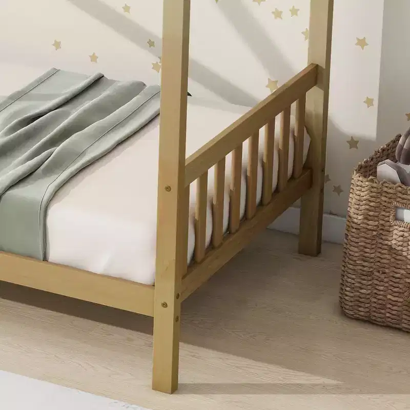 Twin Rubber Wood Bed with House Frame Beige