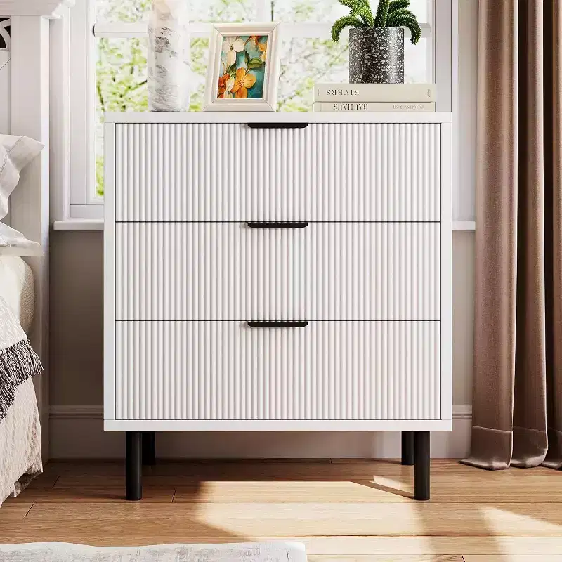 Fluted Dresser with Three Drawers, Wooden Drawer Storage Chest, Modern Storage Chest with Metal Legs, Anti-tip Fixtures, Bedroom, Living Room