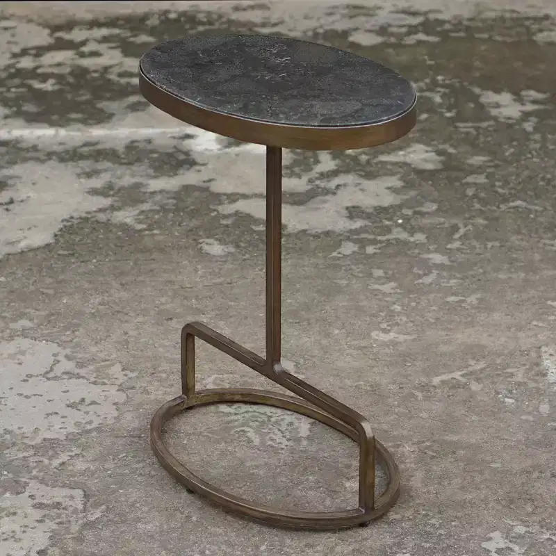 Rustic Antiqued Gold Iron Oval Accent Table 18 x 12 Polished Bluestone Marble Tabletop for Living Room Bedroom Bedside
