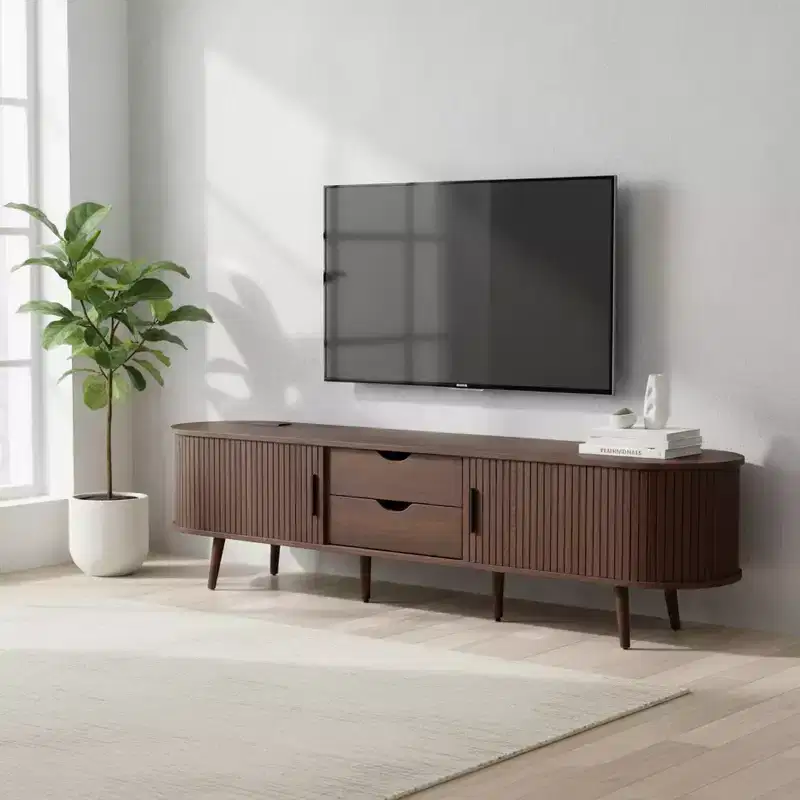 70 Mid-Century Modern TV Stand with Tambour Doors, Drawers and Built-In Power Outlet for 80 TV, Walnut
