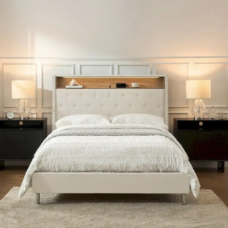 Jose Traditional 61.5 Stylish Tufted Bed with Storage Headboard and Warm Night Light by