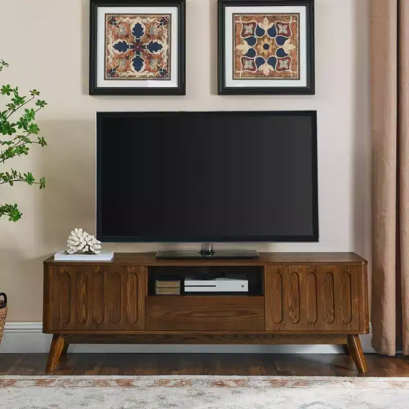 Fluted TV Stand for 50-65 Inch TVs, Mid Century Modern Media Entertainment Center with 2 Door, Drawer & Hard Wood Leg