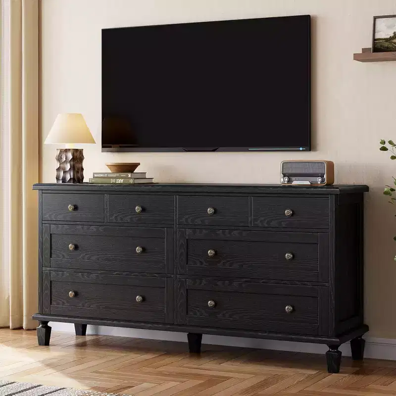 Vintage 8-Drawer Dresser,59 Long TV Stand for Bedroom with Carved Handles, Tapered Wooden Legs, Large Storage Capacity Wooden Chest of Drawers