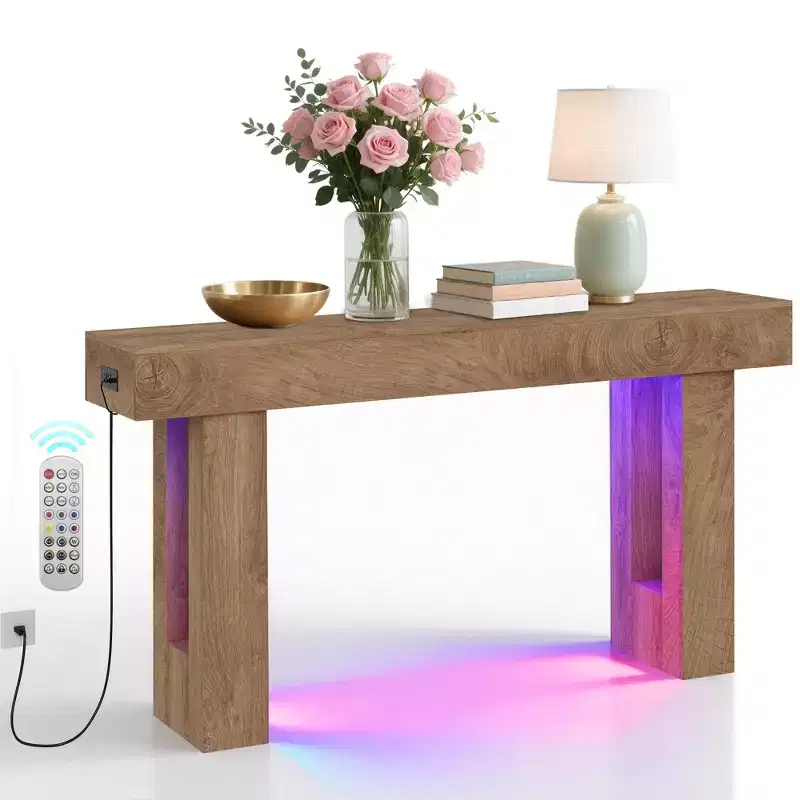 63 in Entryway Console Table, Wood Entry Way Table with Charging Station, Rustic Wood Entrance Tables for Living Room, Entryway, Foyer, Hallway
