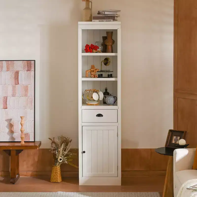 75 Tall Freestanding Bookshelf, 5 Tier Wooden Bookcase with Open Shelves & Cabinet, Wooden Organizer Pantry, Display Storage Cabinet for Office