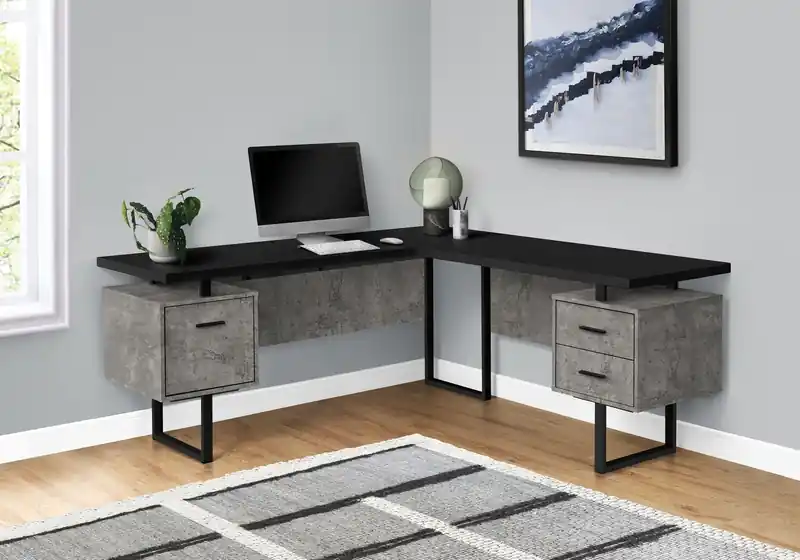 Reversible 71 L-Shaped Corner Office Desk with 3-Drawers - Black Concrete-Look