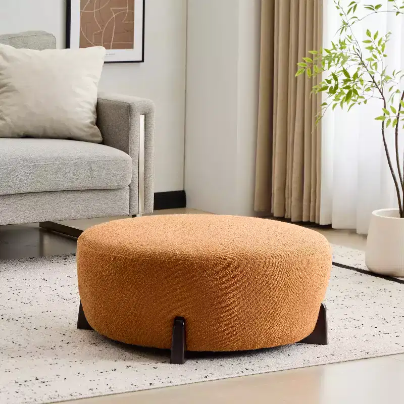 Modern Boucle Round Ottoman, Soft Upholstered Footrest and Accent Stool with Rubber Wood Legs