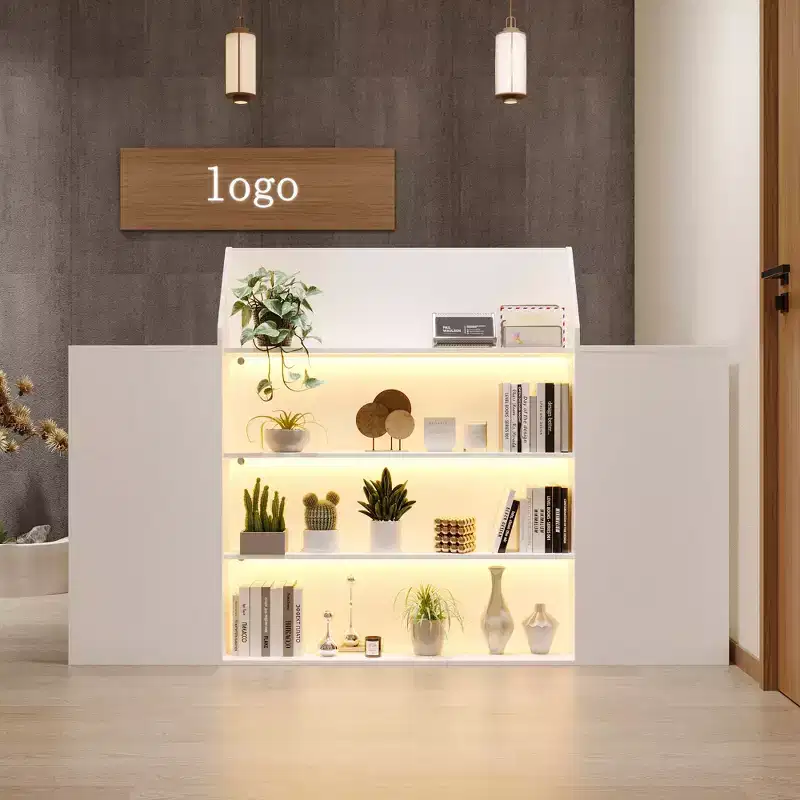 Hitow White Multi-Function Reception Desk Cash Register: Lockable Storage + LED Display Shelves + Keyboard Tray  Modern Cash Register/Welcome Station