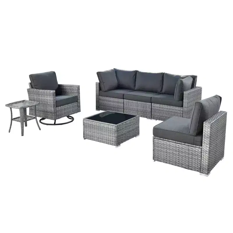 Ovios Venice 7pc Wicker Outdoor Patio Furniture Set Conversation Sofa Sectional with a Swivel Chair and Cushions