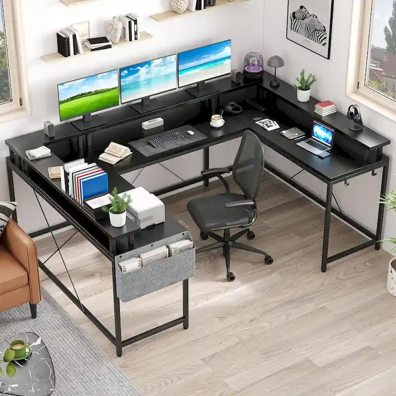 Reversible U-Shaped Computer Desk with LED Lights & Power Outlets, 2-Person