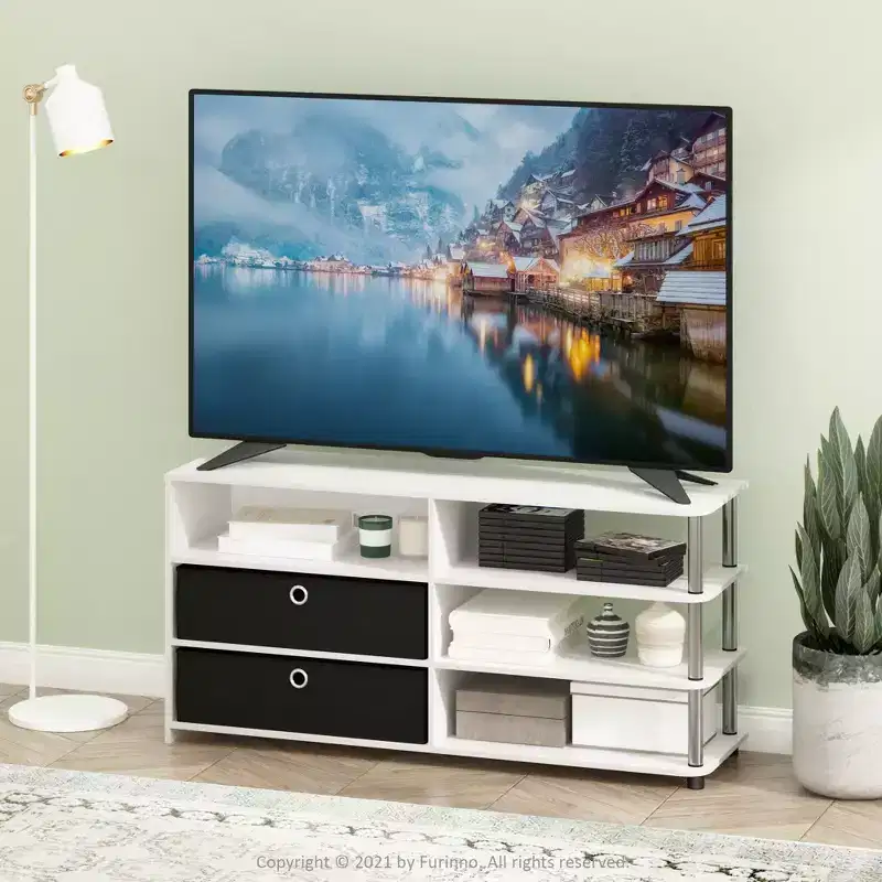 Design TV Stand Entertainment Center Hold up to 50 TV with Storage Shelves & 2 Bins, White Oak