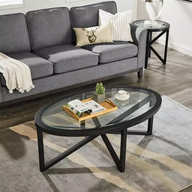 Round Glass Coffee Table with Tripod Wood Base