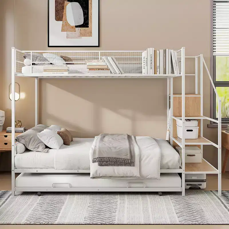 Okak Twin Over Full Bunk Beds for Kids, Metal Platform Bed Frame with Trundle and Lateral Storage Ladder, Wardrobe for Bedroom, White