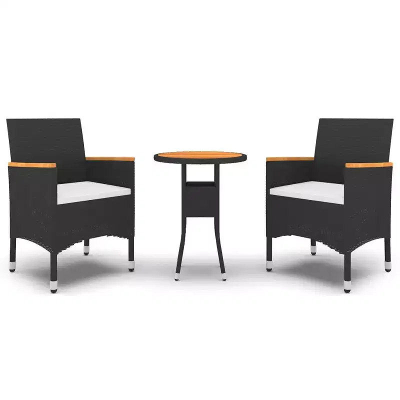 vidaXL Patio Dining Set 3 Piece - Poly Rattan - Black - Outdoor/Garden Table and 2 Chairs with Cushions, Tempered Glass Tabletop