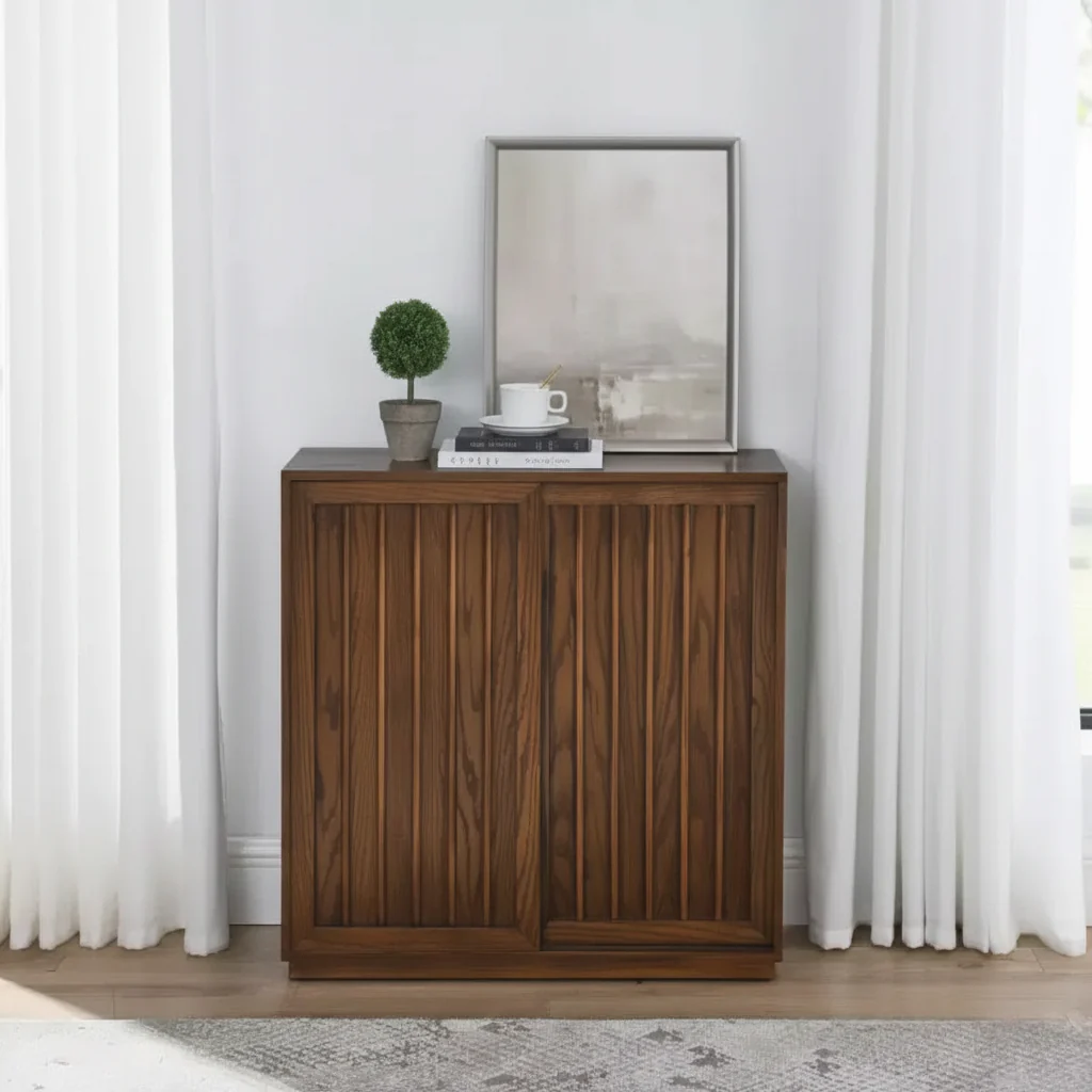 Sideboard Storage Cabinet, Vintage Accent Cabinet with 2 Sliding Doors and Wood Strips, Storage Cabinet for Entryway, Living Room, Hallway