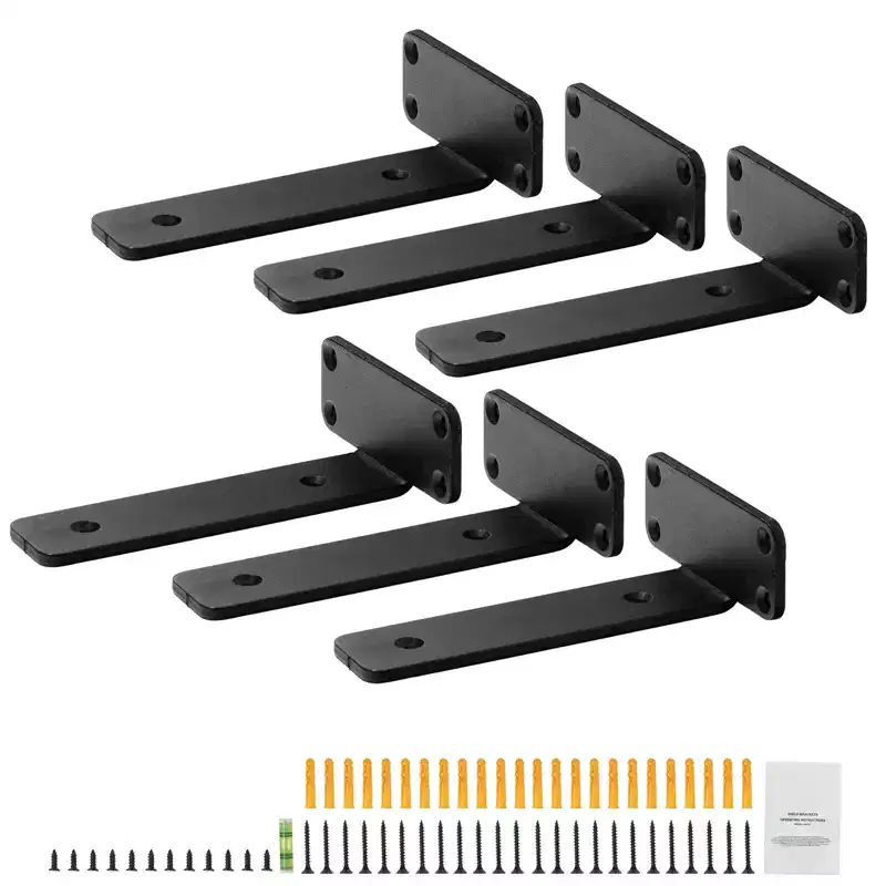 VEVOR Shelf Bracket,8L x 4W x 1.6H 6 Pcs,Heavy Duty Floating Shelf Brackets,Brackets for Shelves,5mm Thick Matte Black L Shelf Bracket,Black