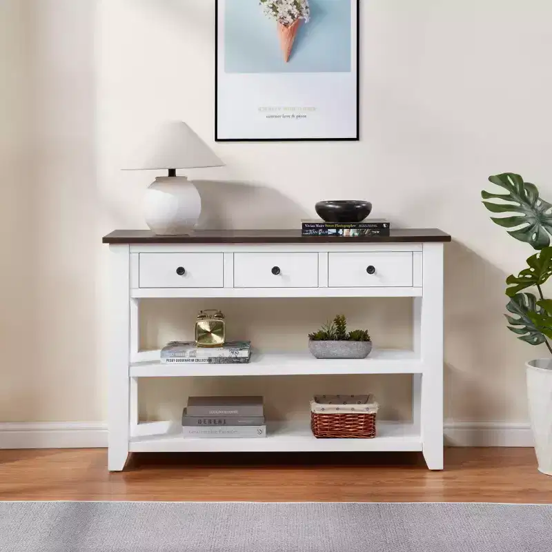 44Console Table with Two Open Shelves, Pine Solid Wood Frame and Legs for Living Room,Brown&White