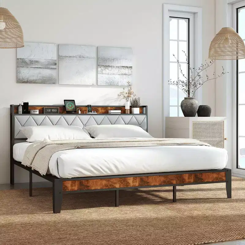 Upholstered Noise-Free Platform Bed with Headboard Shelf Easy Assembly No Box Spring Needed