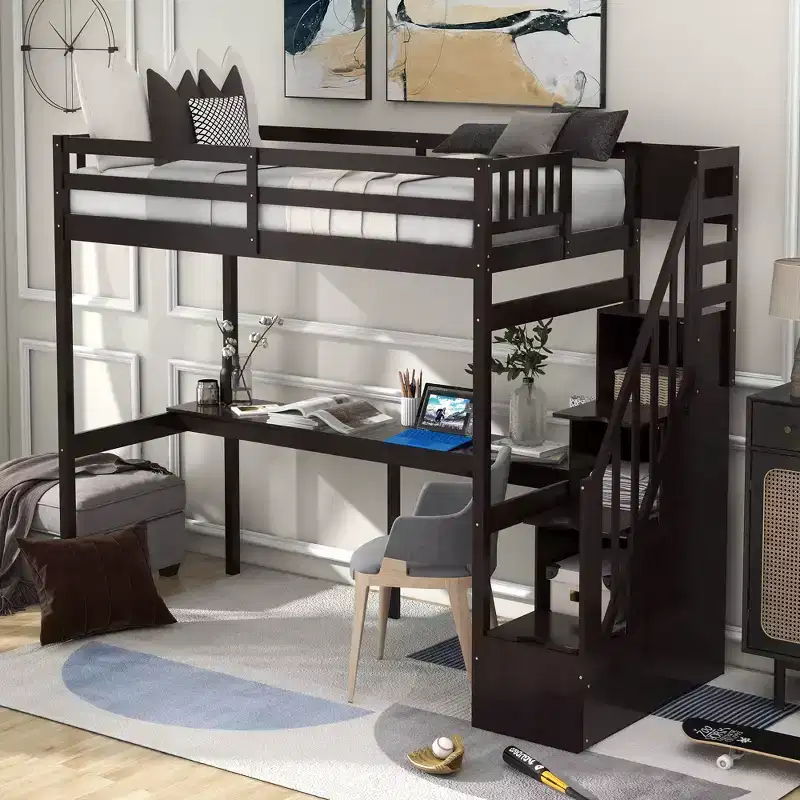 Twin Size Loft Bed with Storage Staircase and Built-in Desk, High Loft Bed Frame with Steps for Kids Teens Adults