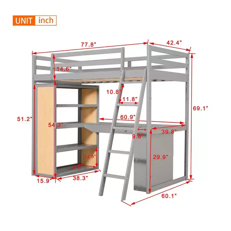 Loft Bed with Desk and Shelves, Solid Wood High Loftbed Frame with Storage Drawers for Kids Teens Bedroom