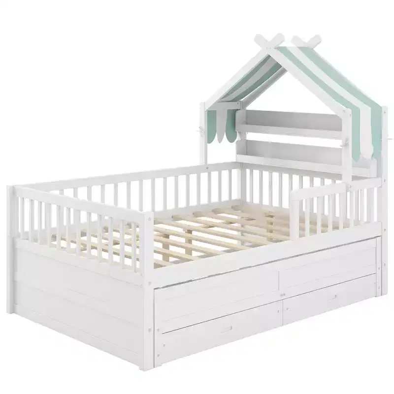 GDFStudio Sanders Wooden House Bed with trundle and Fabric
