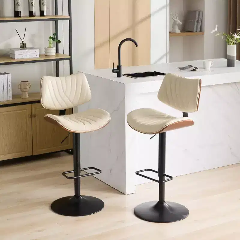 Modern Swivel Bar Stool with Adjustable Height, Walnut Bentwood & Faux Leather, 360 Rotation, Ergonomic Backrest, Stable Base for Kitchen & Home Bar