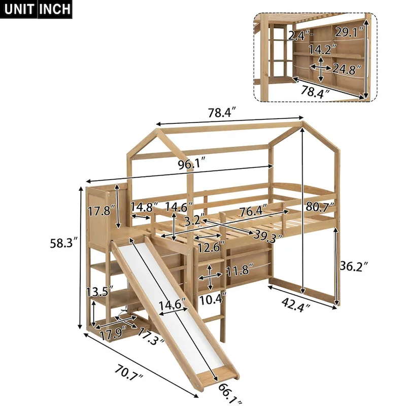 Twin Size Wood House Loft bed with Slide