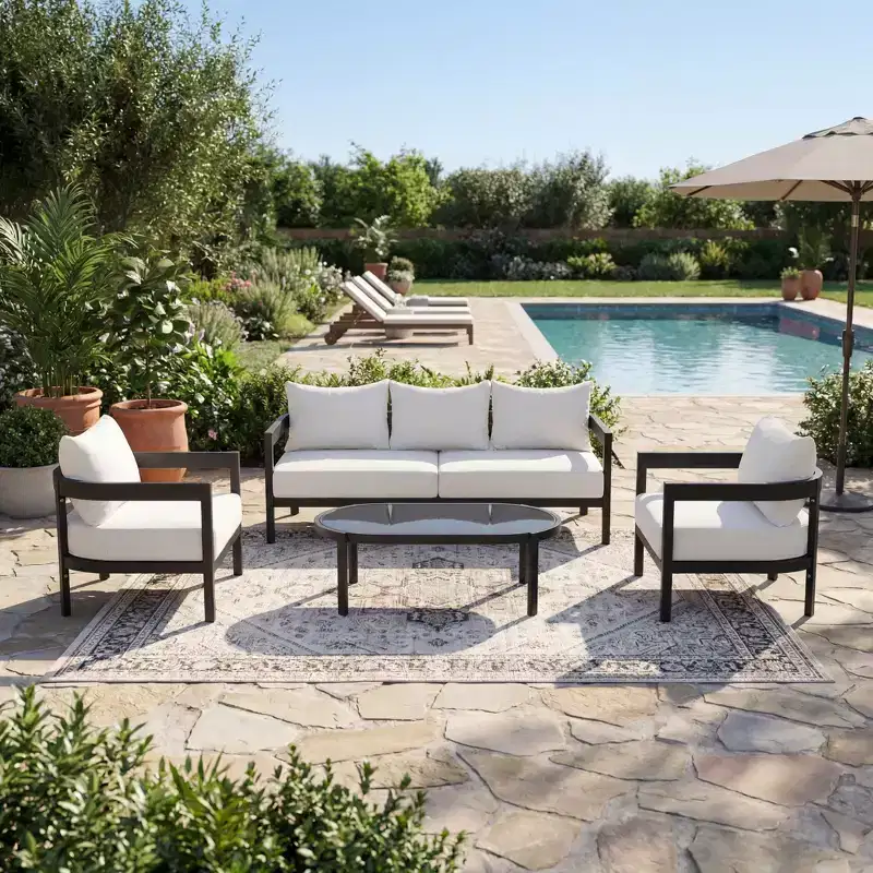 Christopher Knight Home Daniela Modern 4 Piece Aluminium Patio Seating Set with Curved Backrest, Cushion and Tempered Glass Top