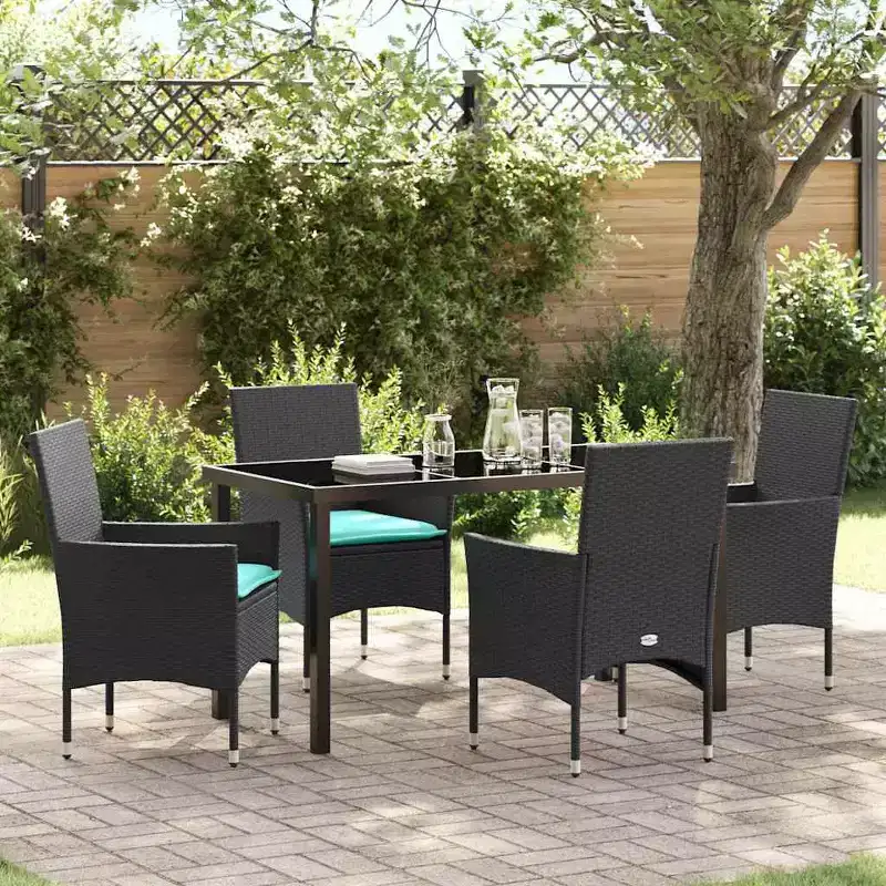 vidaXL Table and Chair Set with Cushion 5 pcs Black PE Rattan