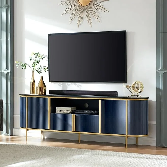 Modern Luxury TV Stand with Faux Marble Top, Fluted Panel, Gold Accents, 4-Door Cabinet