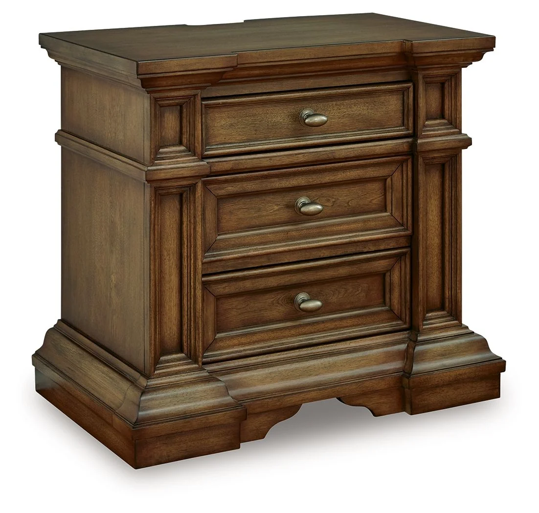 Three Drawer Night Stand - Brown — with a richly detailed finish incorporating a sense of stately elegance