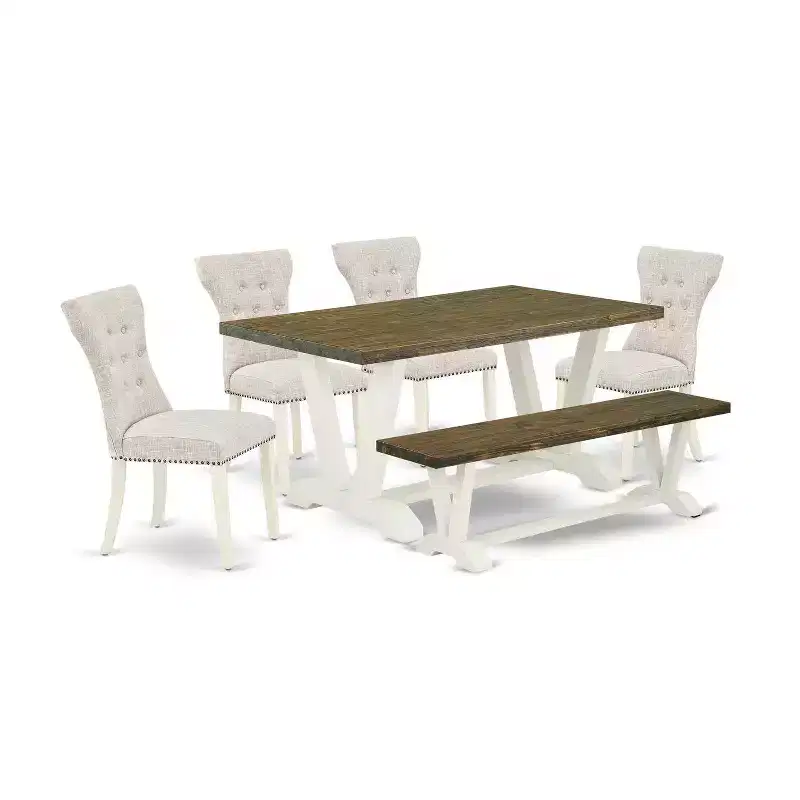 HomeStock 6-Pc Rectangle Distressed Jacobean Finish Solid Wood Top Dining Table with 1-Bench, 4-Chairs