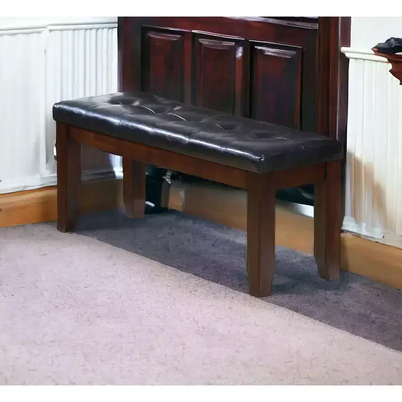 HomeRoots 48 Black and Espresso Faux Leather and Wood Upholstered Bench