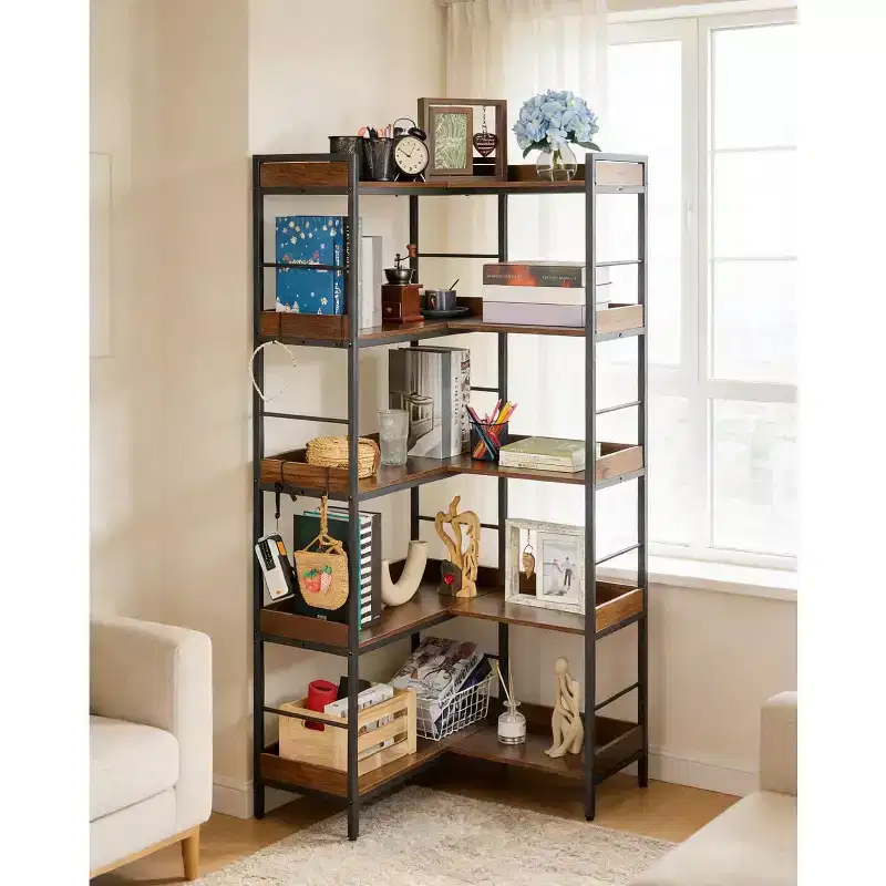 Bookshelf 5 Tier with 4 Hooks, Reversible Corner Bookshelf, 65 Industrial Wooden Bookcase with Open Shelves and Metal Frame for Living Room, Bedroom