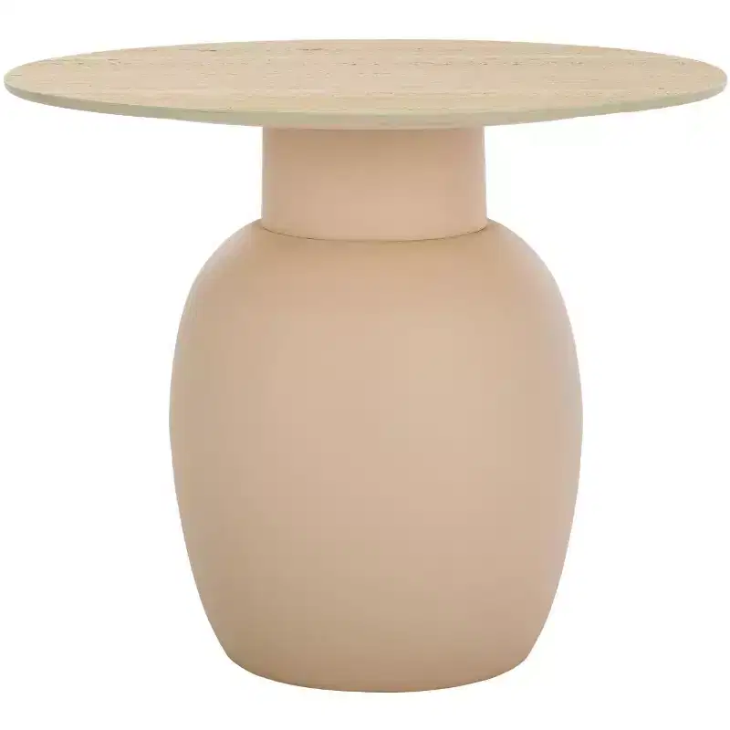 Round Ceramic Top Accent Side Table – Beige, Iron Frame