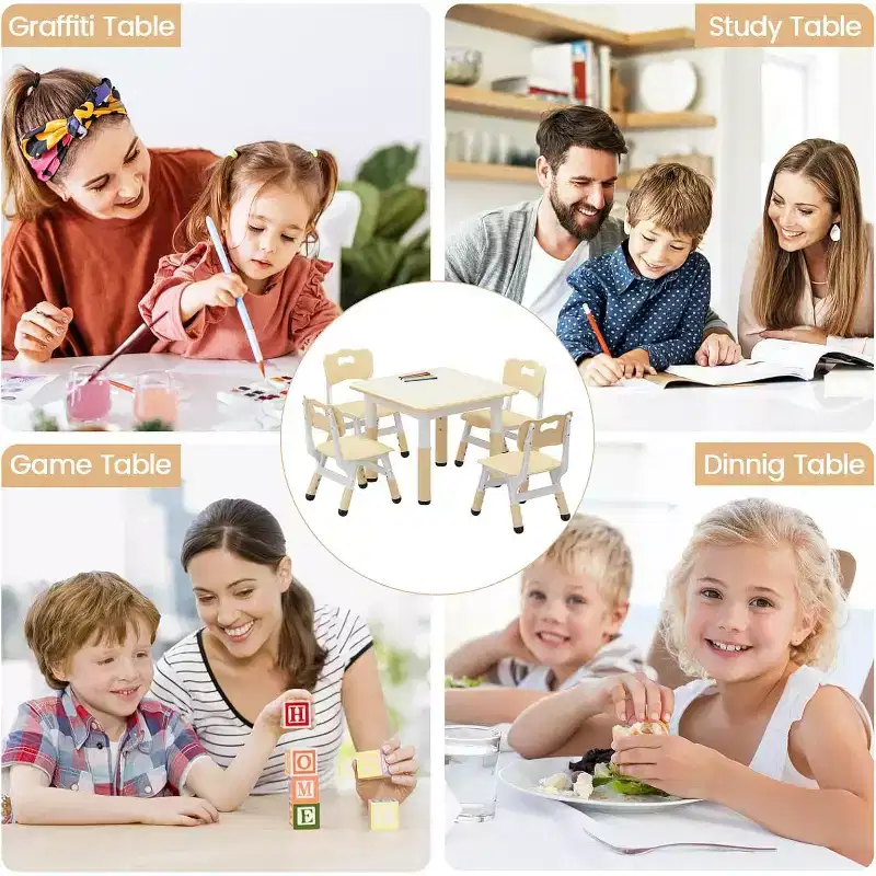 Kids Table and 4 Chairs Set with Particleboard Desktop, Height Adjustable, Anti-Slip Pad, Compact Dining Set, and Durable Desktop