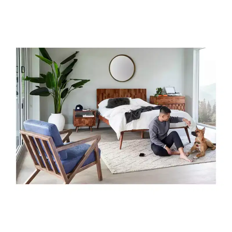 Queen Platform Bed in Brown, Mid-Century Style with Wood Headboard