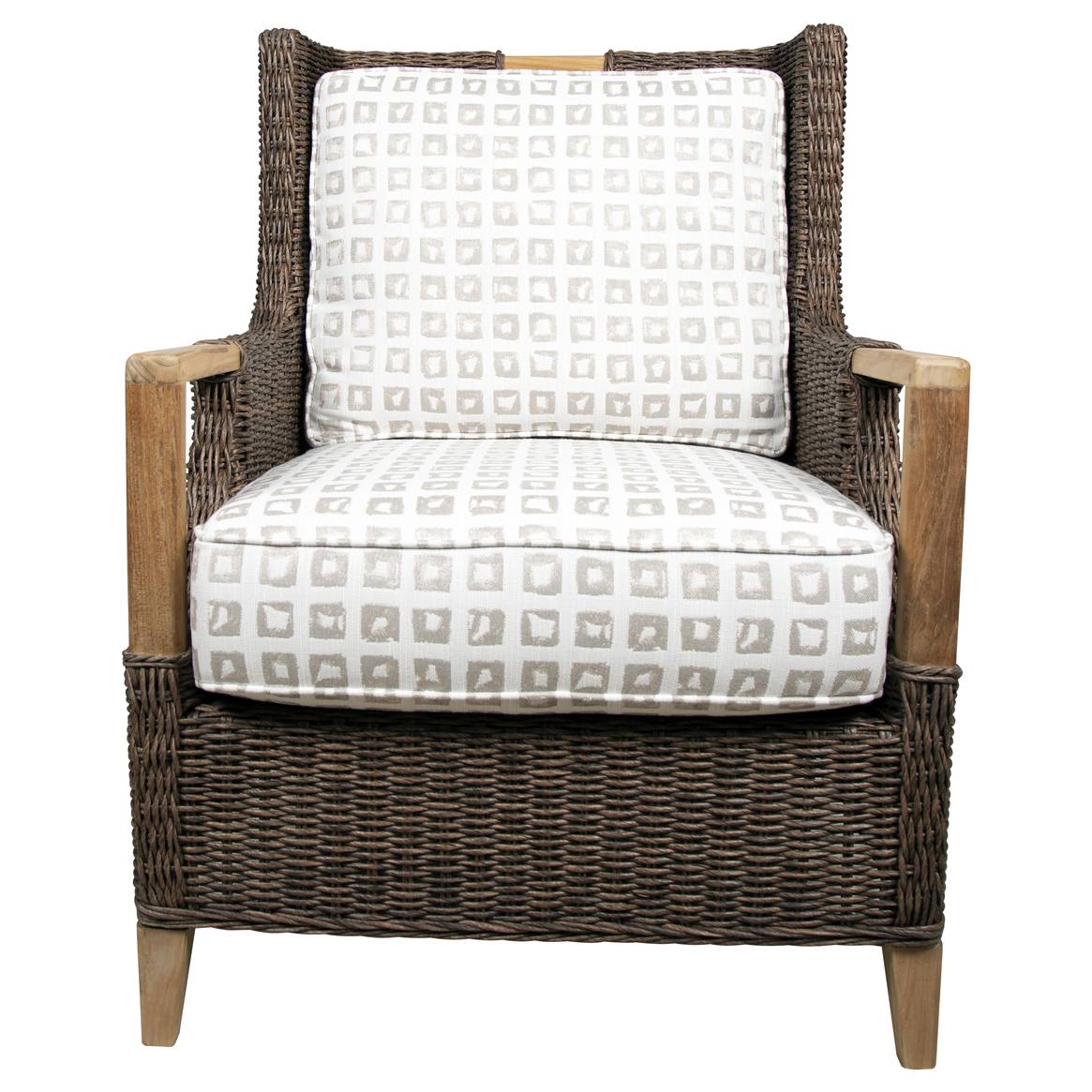 Wicker Teakwood Wingback Lounge Chair Brown Cushioned Patio Accent Armchair