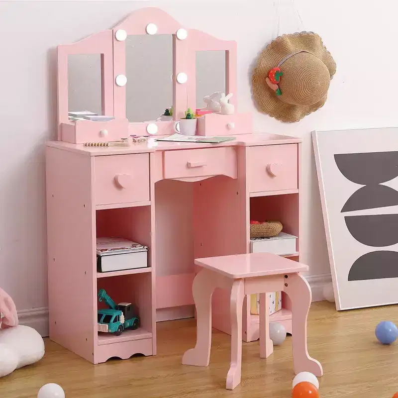 GustoWave Girls Vanity Table with Tri-Folding Mirror, Light,Stool & Drawer, 2 in 1 Wooden Makeup Desk Dressing Table, Pretend Play Vanity Set for Kids