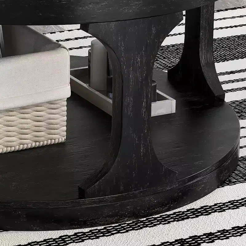 HOMES: Inside + OutSande Farmhouse Round Wood Coffee Table Antique Black: Fixed Shelf, Transitional Style
