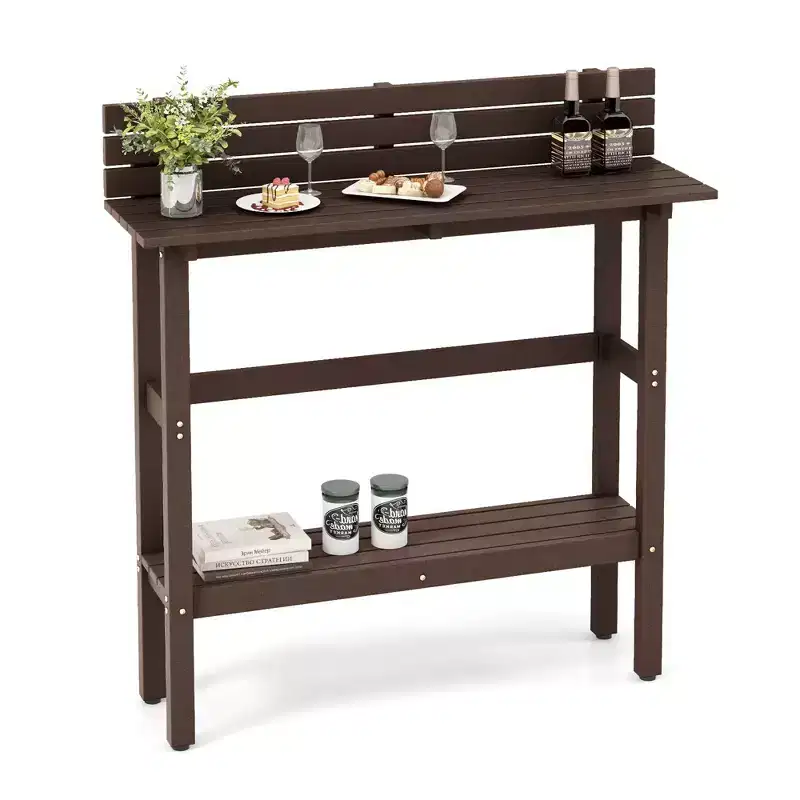 Costway 48 Outdoor Bar Table with Storage Shelf & Adjustable Foot Pads for Hot Tub Brown/Gray