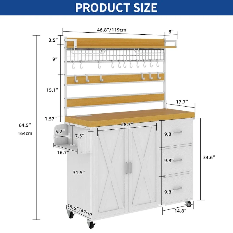 Moasis Large Rolling Kitchen Island Bakers Rack with Power Outlet, LED Light & Tall Shelf