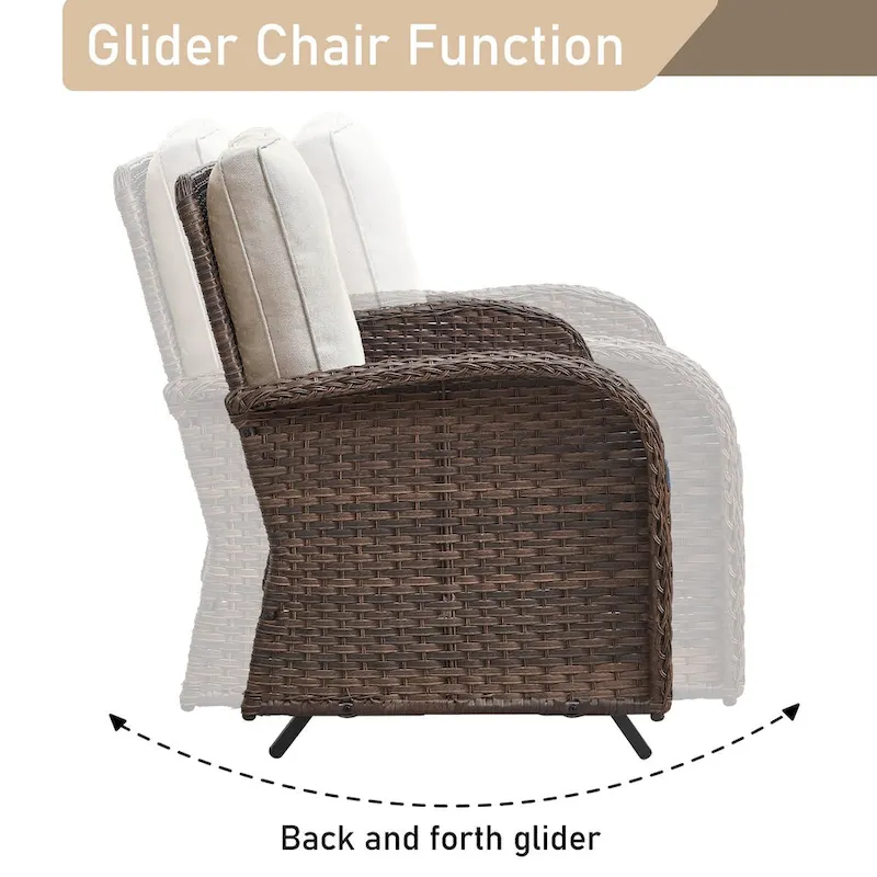 Patio Glider Rocking Chair with Sofa and Ottoman, Coffee Table - Brown